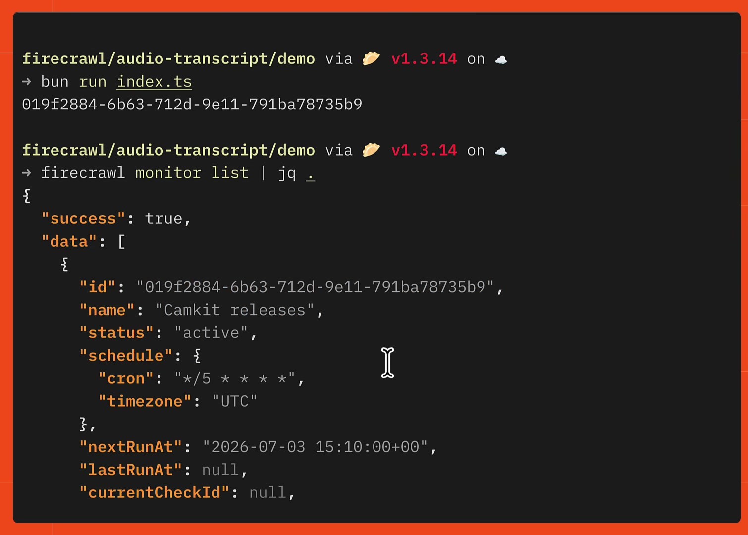 Listing Firecrawl monitors from the CLI, piped through jq, showing the new monitor's id, status, and normalized cron schedule
