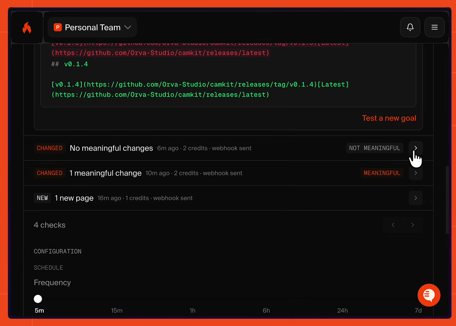 The Firecrawl dashboard showing the caught diff, the old v0.1.3 release tag removed and the new v0.1.4 tag added, flagged as a meaningful change