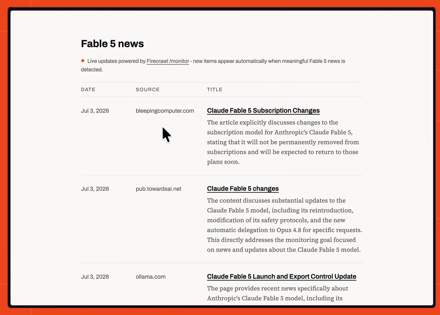 The live Fable 5 news page, a dated feed of Claude Fable 5 headlines and summaries with each item populated automatically by the Firecrawl monitor
