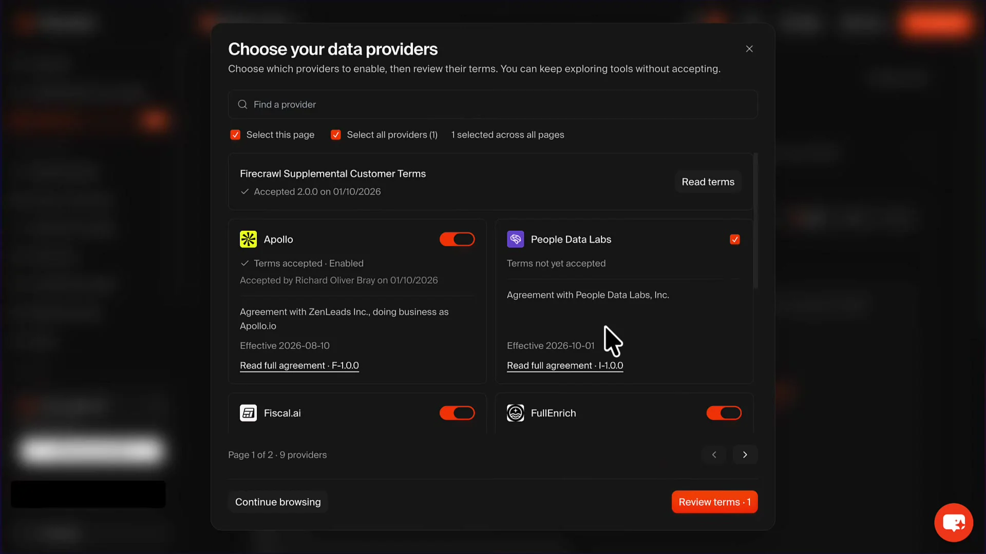 Firecrawl dashboard "Choose your data providers" dialog showing Apollo terms accepted, People Data Labs not yet accepted, and toggles for Fiscal.ai and FullEnrich