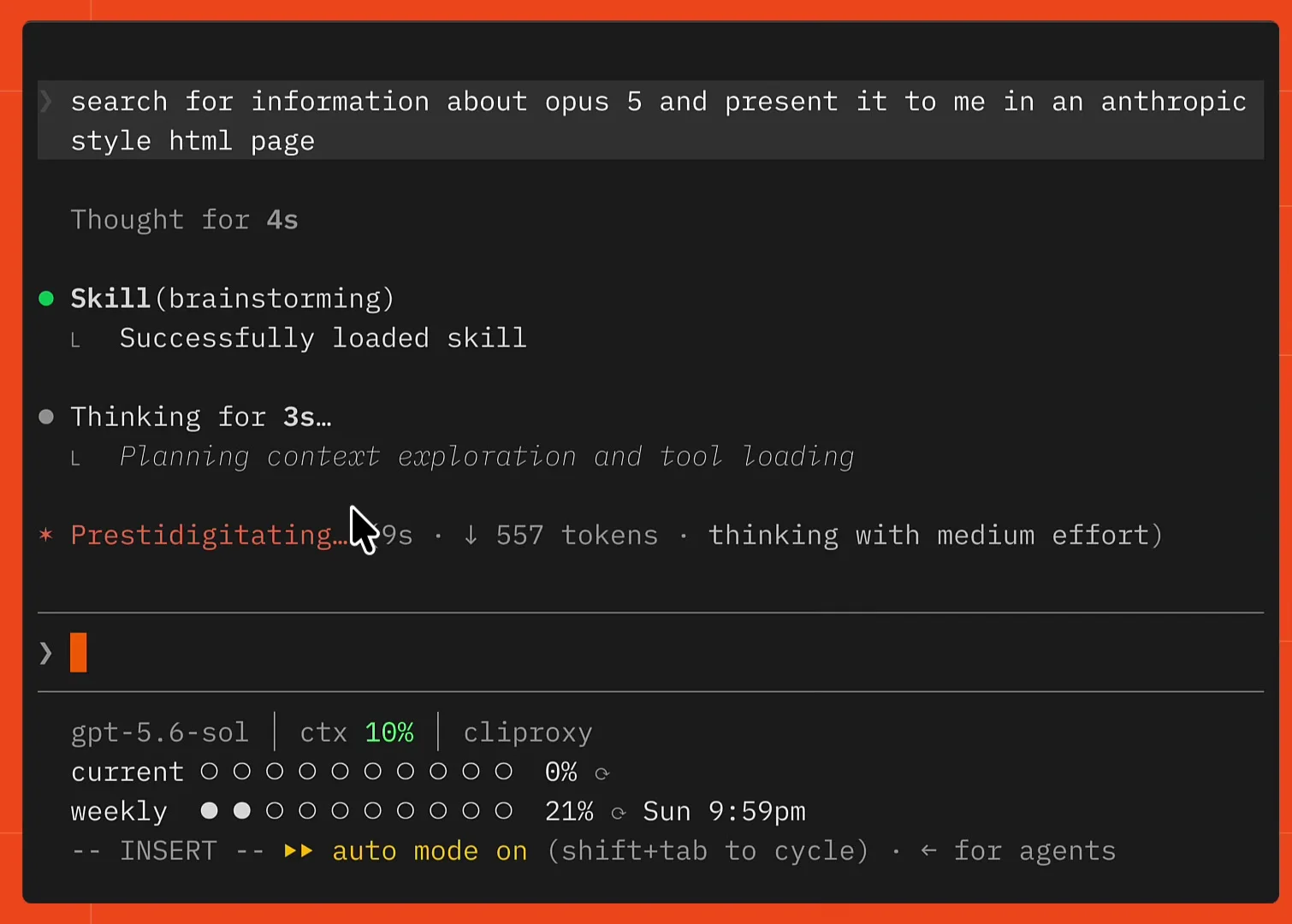 Claude Code loading the brainstorming skill and thinking with medium effort while running on gpt-5.6-sol
