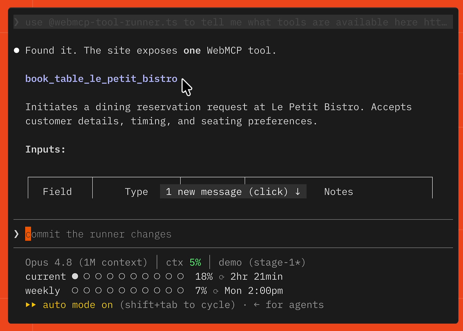 Claude Code reporting "Found it. The site exposes one WebMCP tool. book_table_le_petit_bistro" with its description and inputs