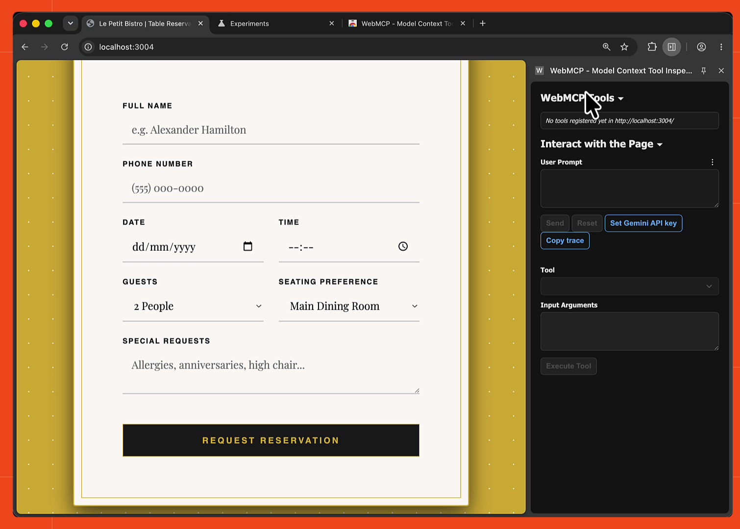 Le Petit Bistro reservation form next to the WebMCP Tool Inspector panel showing "No tools registered yet in http://localhost:3004/"