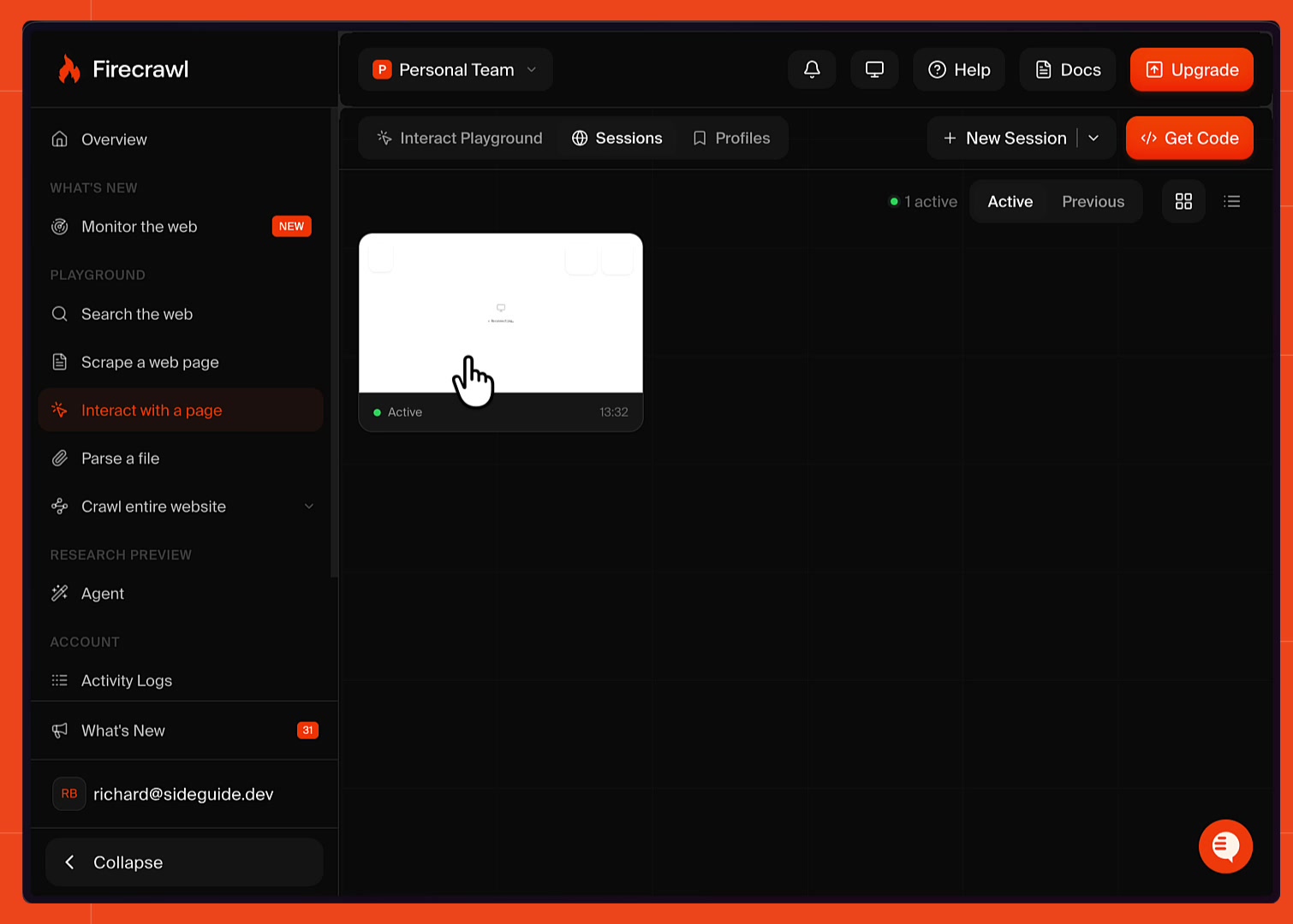 The Firecrawl dashboard Sessions view showing one active interact session for the reservation page