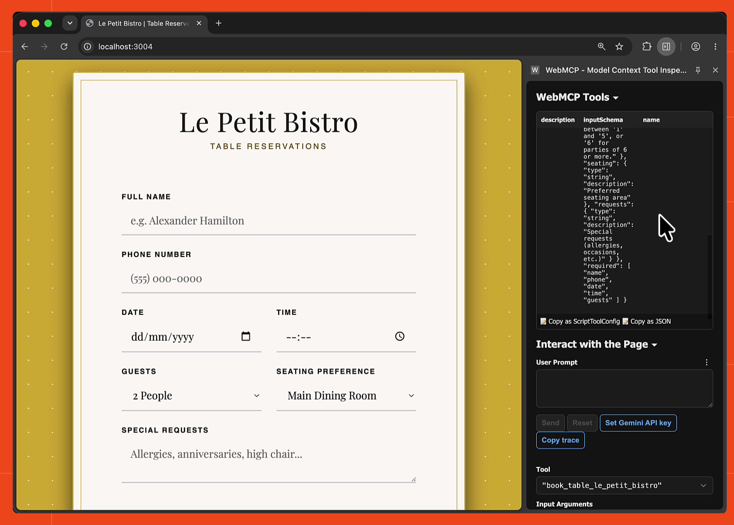The WebMCP Tool Inspector now listing the book_table_le_petit_bistro tool with its input schema, selectable in the Tool dropdown