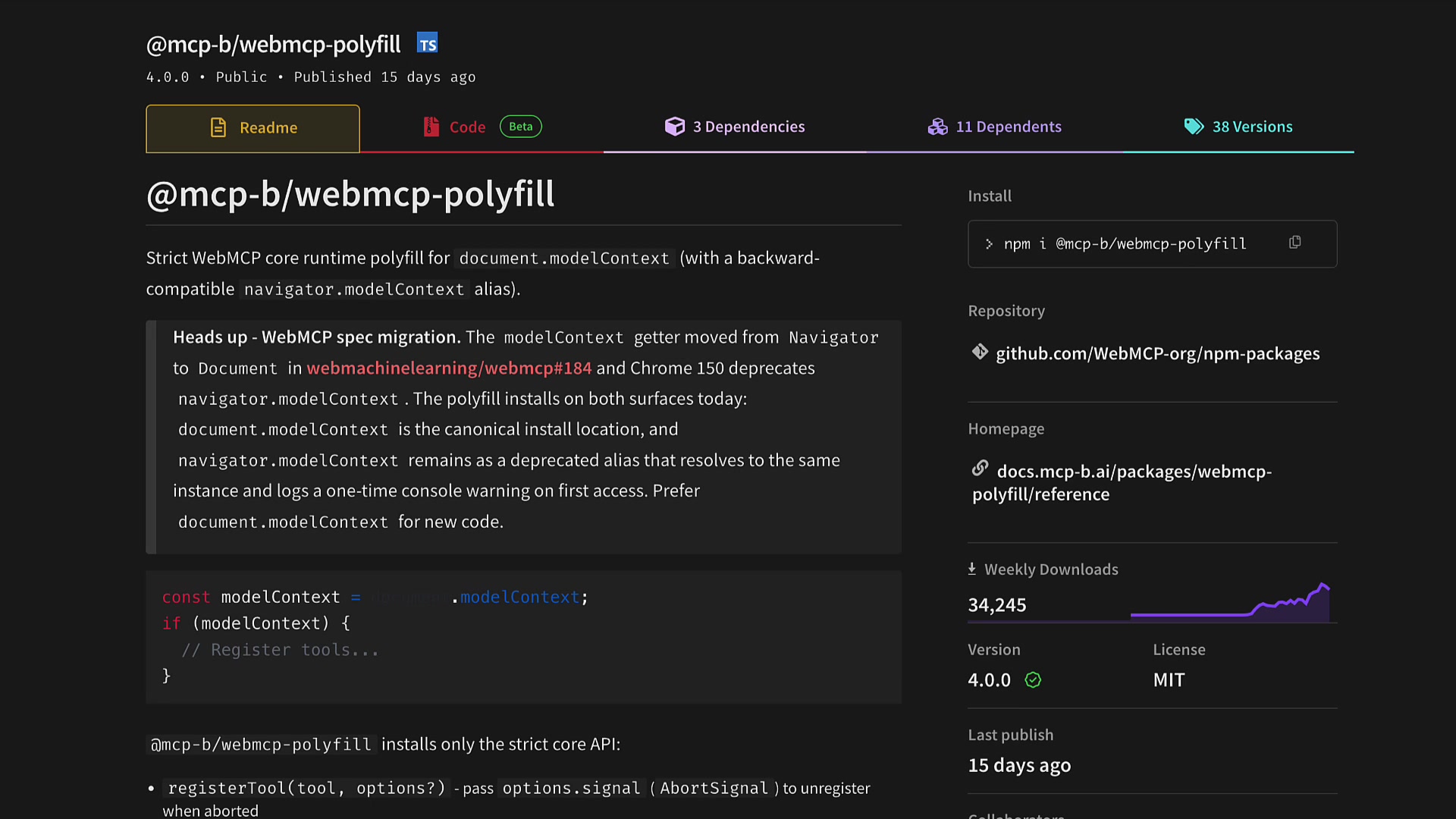 The @mcp-b/webmcp-polyfill page on npm, showing it as a strict WebMCP core runtime polyfill for document.modelContext