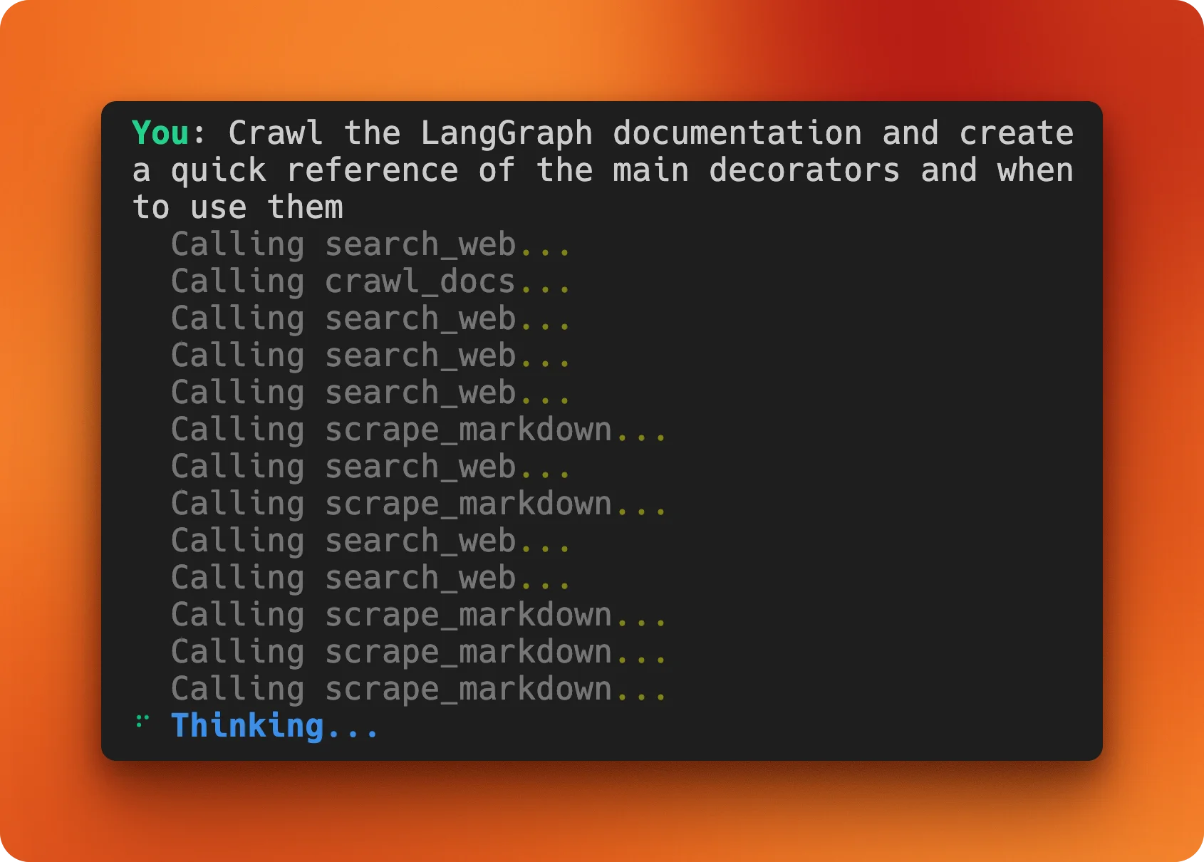 Terminal output showing the agent using crawl_docs to index LangGraph documentation and generate a quick reference guide